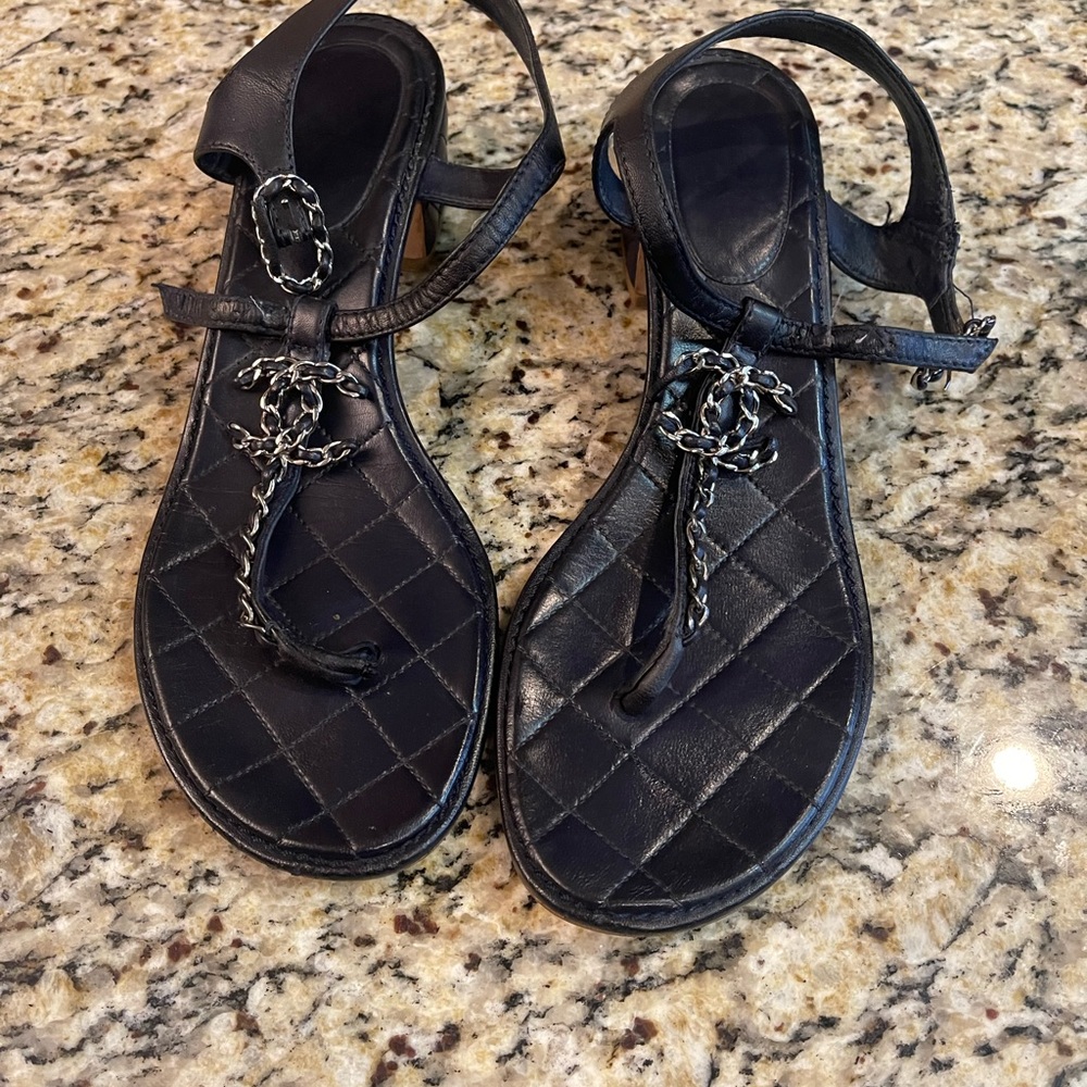 Chanel navy blue chain cc logo strap sandals